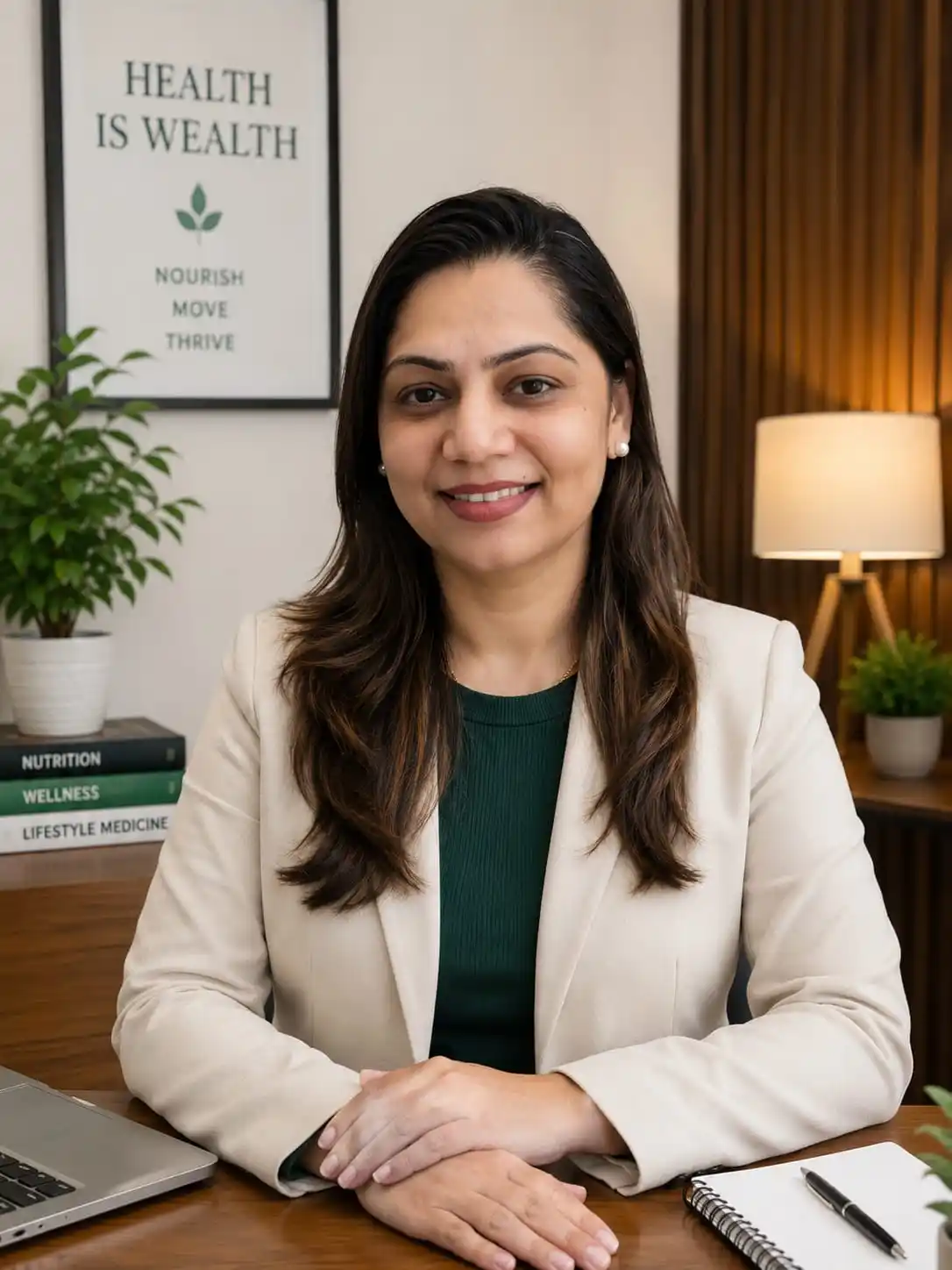Ms. Maya Shah seated at her consultation desk, ready for a nutrition consultation